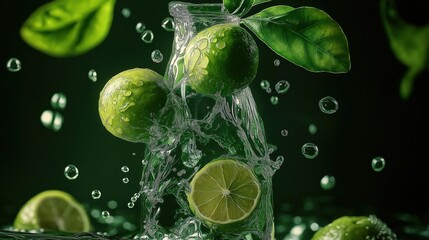 Limes falling into water with splashing green leaves in high-definition still life style.