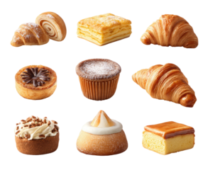 Assorted pastries and cakes in a grid format