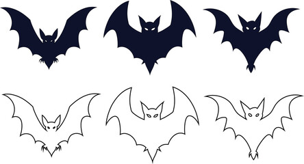 Bat icon set with outline and silhouette styles. Perfect for Halloween graphics, spooky designs, and vampire themes.

