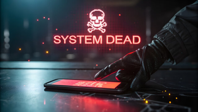 Dangerous Hacker Using a Smartphone, System Dead, Cyber Security