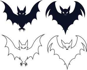 Spooky bat vector set with flat and outlined icons. Ideal for haunted invitations, horror graphics, and eerie scenes.

