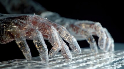 Transparent robotic hands typing on a keyboard