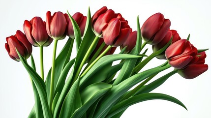Fototapeta premium Bouquet of vibrant red tulips with fresh green stems on pure white background.