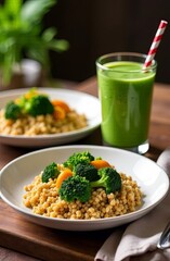 Vegan food of bulgur, broccoli, cherry tomatoes, spinach smoothie on wooden table with cutlery, linen napkin with blurred background of decorated table. Vertical concept of food for longevity