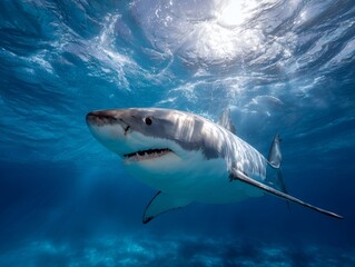 Naklejka premium 青い海を泳ぐサメのリアルな水中ショット
