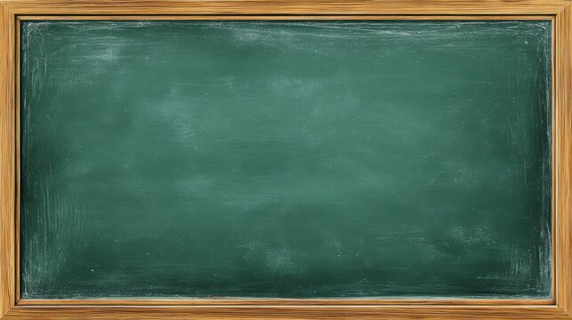 Dirty empty blackboard. Green chalkboard with wooden frame and chalk for classroom or restaurant menu illustration, no logos, no brands