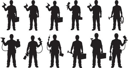 Silhouettes of construction workers with tools and briefcases, silhouette, construction worker, builder, craftsman, contractor, man, male, person, worker, labor, manual labor, tools, drill, hammer, pa