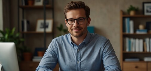 Portrait of confident businessman sitting at computer desk. Young male entrepreneur is at home office