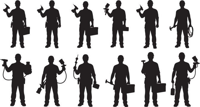 Silhouettes of construction workers with tools and briefcases, silhouette, construction worker, builder, craftsman, contractor, man, male, person, worker, labor, manual labor, tools, drill, hammer, pa