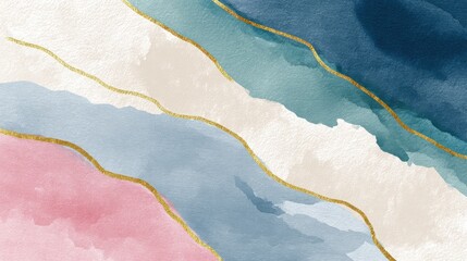 Watercolor art background vector. Wallpaper design with paint brush and gold line art. Earth tone blue, pink, ivory, beige watercolor Illustration for prints, wall art, cover and invitation cards., n