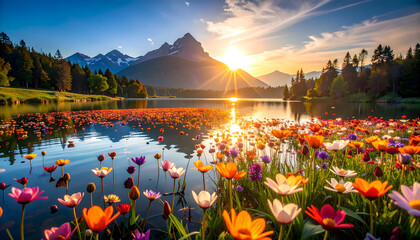 Colorful flowers by mountain lake sunrise