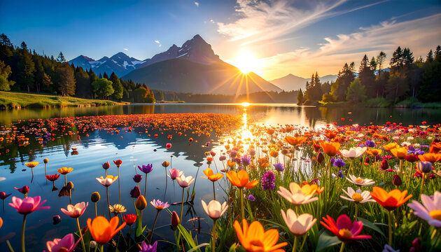 Colorful flowers by mountain lake sunrise - Powered by Adobe