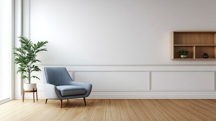A bright and modern living room featuring a cozy armchair, set against an empty white wall background, creating a clean and minimalist aesthetic.
