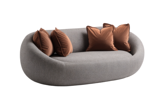 Oval gray sofa with brown velvet cushions
