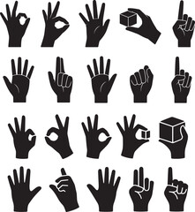 Fototapeta premium Collection of black hand gesture icons and cube icons on white background symbol