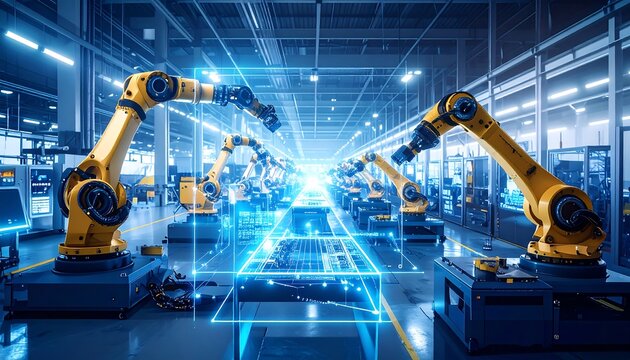 Automated factory line with robotic arms and digital overlays