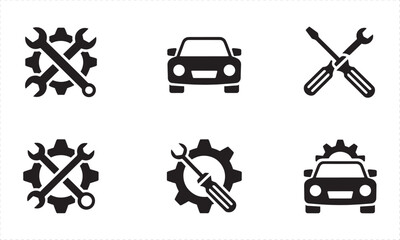 Set of six black automotive service and repair icons on white automobile mechanic