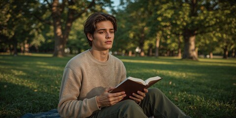 Obraz premium A young man sitting on a blanket in a park reading a book with trees and grass in the background outdoors