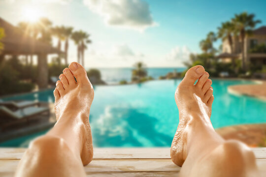 Bare sun tan legs resting by the swimming pool on sunny summer day. Concept of relaxation, sunbathing, beach holiday and peaceful vacation time at holiday resort. Exotic palms background.