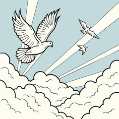 Dove Flying in the Sky – Peaceful Line Art Illustration with Clouds and Sunrays