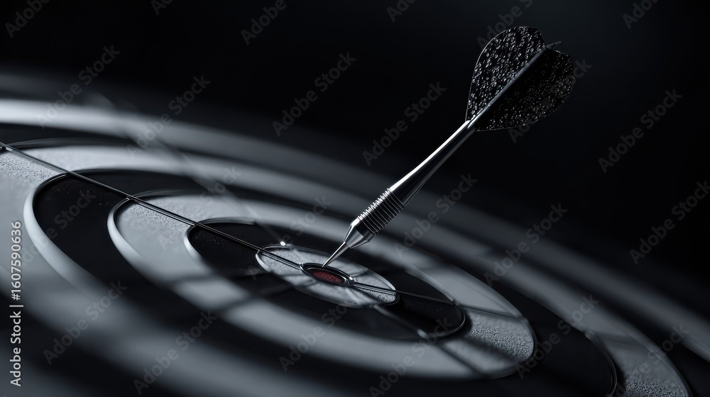 Poster dark dart hitting center of black and white target dartboard on dark background with copyspace for y