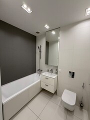 Modern Minimalist Bathroom with Bathtub and Wall-Mounted Toilet