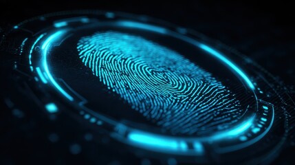 A glowing fingerprint on a digital interface symbolizes biometric security. The neon blue light highlights tech advances in personal identification systems.
