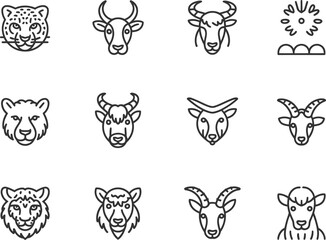Fototapeta premium Collection of twelve stylized animal head icons in a grid format