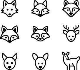 Fototapeta premium Collection of simple line art icons featuring animal faces and a deer