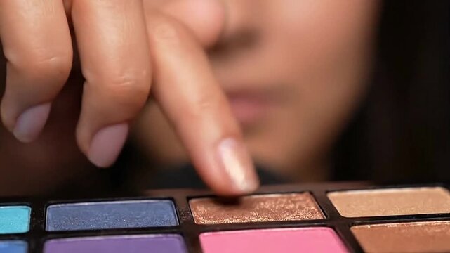 The art of beauty A close-up of a hand selecting a shimmery bronze eyeshadow from a colorful makeup palette.