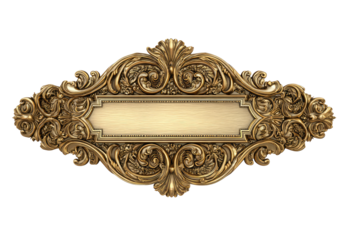 Ornate gold-toned decorative plaque with a central blank space.  Intricate carvings and flourishes adorn the frame