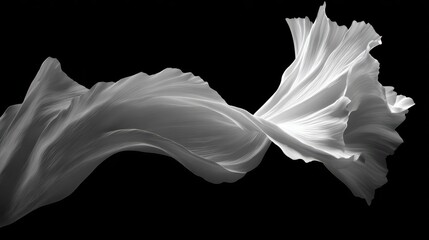 Abstract black and white image of a flowing, fabric-like white petal or leaf against a dark background.