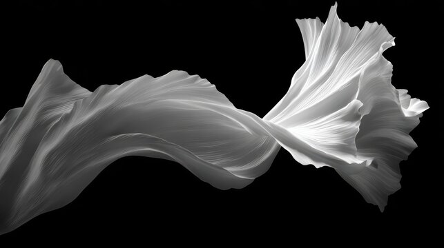 Abstract black and white image of a flowing, fabric-like white petal or leaf against a dark background.