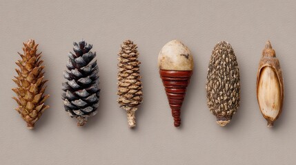 A row of different conifer seeds displayed for identification