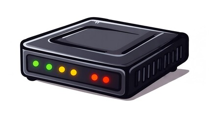 Obraz premium Illustrated black internet router with glowing green, yellow, and red LED status lights.