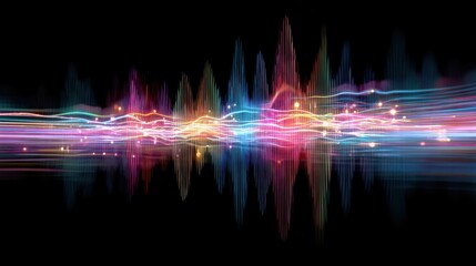 Colorful sound waves on black background. Abstract digital audio visualization. Music equalizer concept. Vibrant neon lines for technology or music design