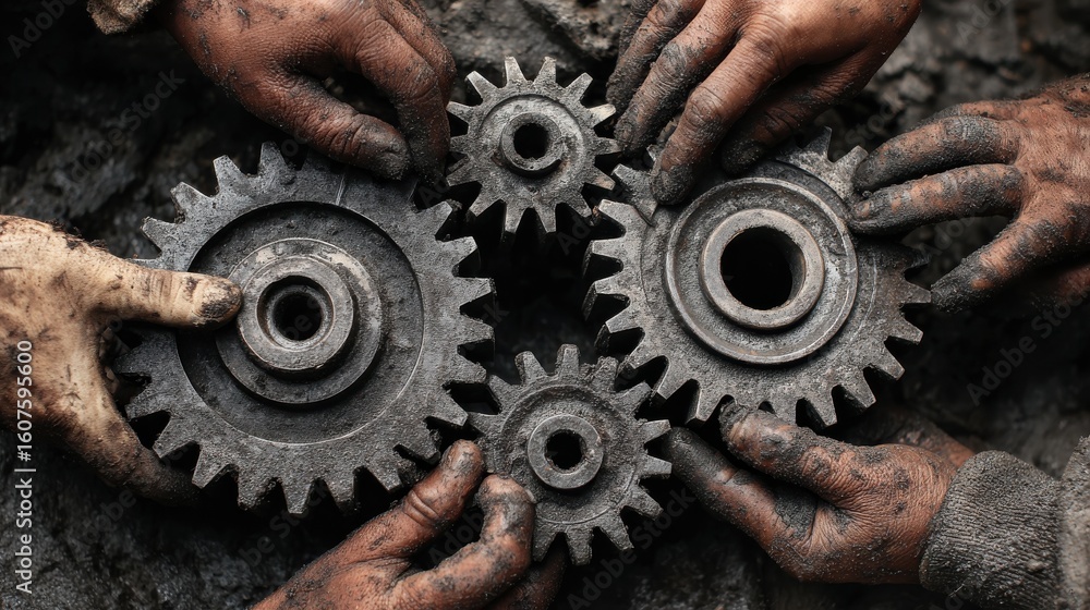 Aufkleber interlocking gears of success a powerful image of hands carefully aligning cogs, representing the in