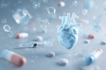 Digital heart floating among pills and syringe on a light grey background.