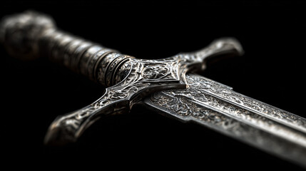 sword with silver decorations camera close up isolated on black background