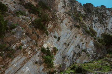 Detailed view of layered limestone cliff showing sedimentary stratification and geological history