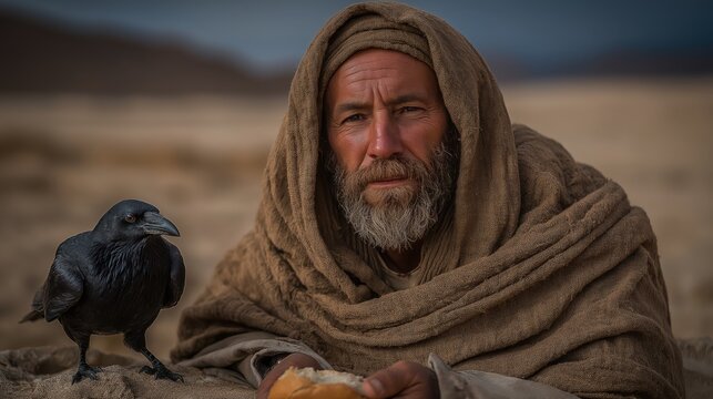 Prophet Elijah seated alone in desert at dawn as raven delivers bread &ndash; quiet biblical moment of divine provision, survival, and sacred solitude in soft morning light.