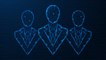 Executive agents of AI. Virtual business assistants or company representatives. A vector image in the style of a digital grid depicts three humanoid faceless bots in business suits.