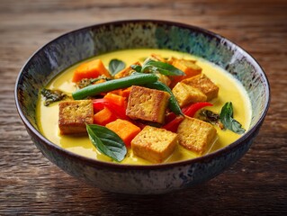 Thai style pumpkin curry tofu coconut milk based vegetarian dish close up of colorful bowl
