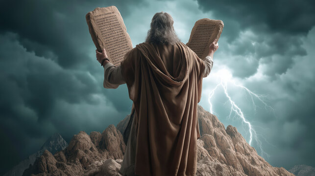 Moses stands atop a rocky peak, holding two stone tablets with ancient script. Lightning flashes and clouds swirl as divine light surrounds him. The Israelite camp watches in awe below...