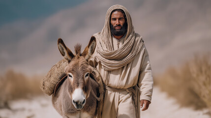 The Good Samaritan walks alongside his donkey along a dusty road. The golden evening light casts long shadows.