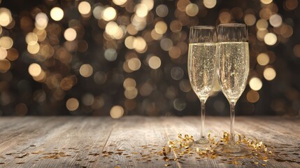New years eve celebration background, champagne glasses on table with gold confetti and bokeh lights.