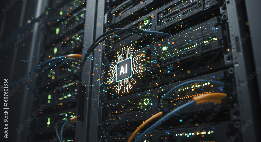 Poster ai server room: futuristic data center technology, artificial in