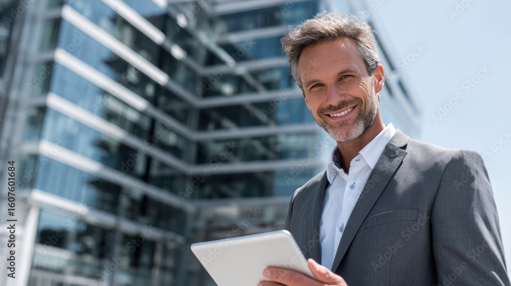 Aufkleber smiling businessman using tablet computer in front of modern office building on a sunny day