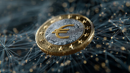 euro coin with network knots in the background symbolizing the new cbdc digital currency