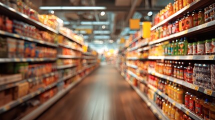 This photo shows a blurred grocery store aisle filled with a variety of food items.